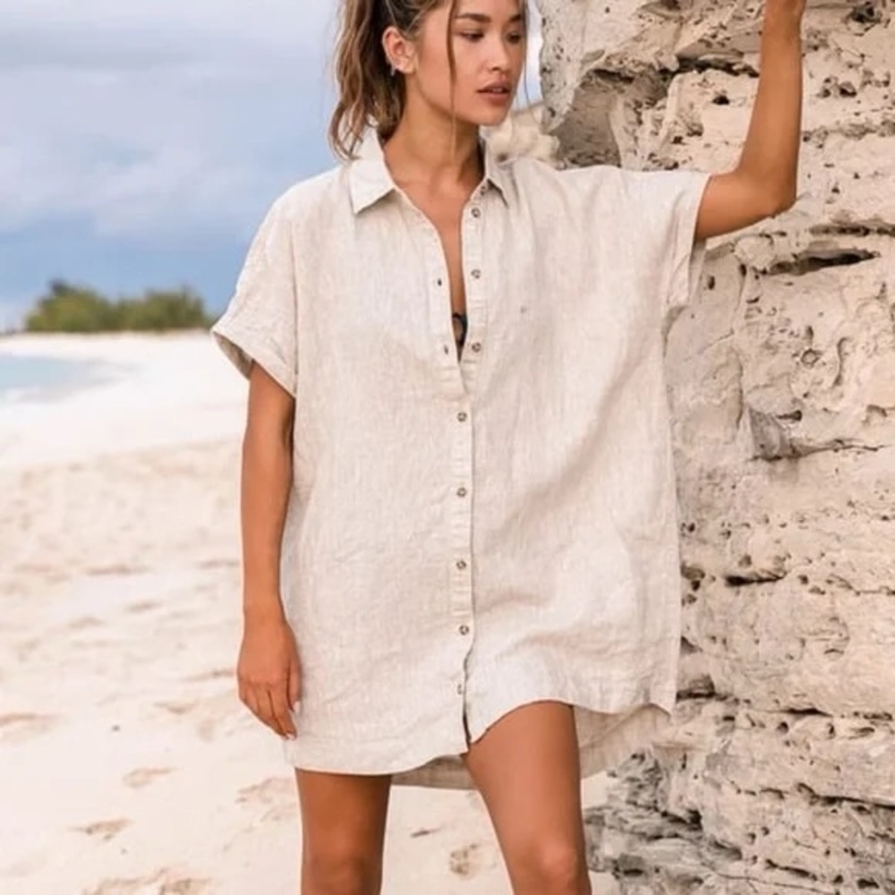 Lulus Classic Beige Linen Short Sleeve Shirt Dress - Size Small